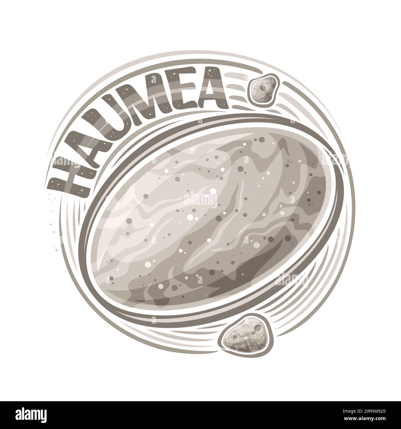 Vektor-Logo für Zwergplaneten Haumea, dekorativer Kosmo-Druck mit rotierenden Monden Hi'iaka und Namaka um den ovalen Planeten, quadratisches Raumposter mit Unikat Stock Vektor