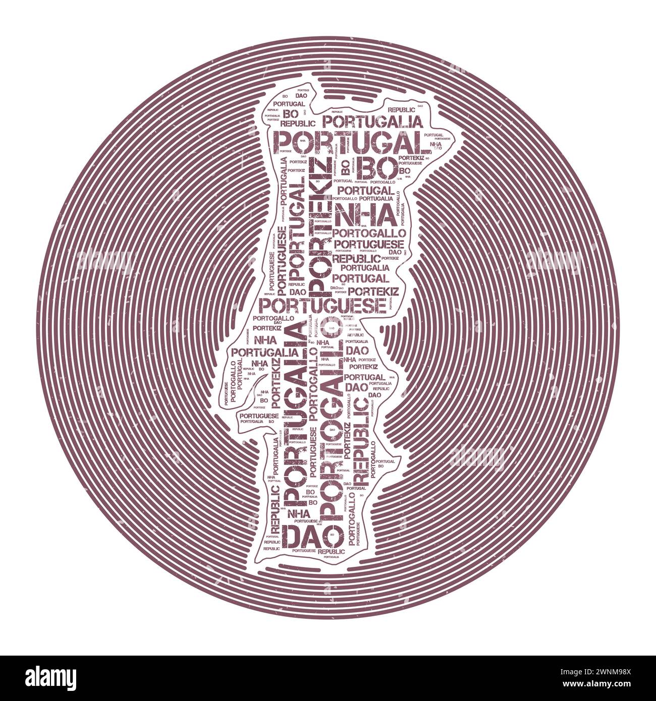 Vektorbild Portugal. Country Round-Logo-Design. Portugal-Poster in Kreisbögen und Wordcloud-Stil. Stilvolle Vektorillustration. Stock Vektor