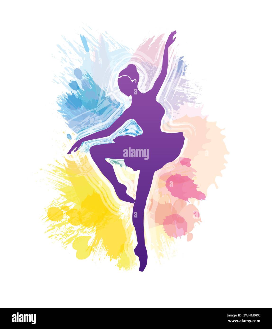 Ballett-Workout-Werbekonzept. Vektorsilhouette der Ballerina mit Passeposition und Allonge. Hintergrund im Aquarellstil. Sport- oder Tanzclub Stock Vektor
