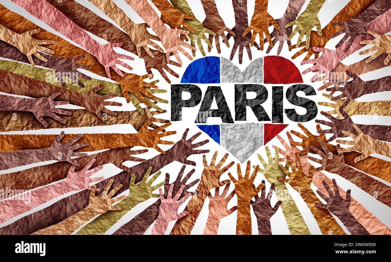 Paris World Celebration und Französische Einheit als Symbol für Freiheit, Gleichheit und Brüderlichkeit oder Vielfalt, um den französischen Multikulturalismus oder einen Praktikanten zu feiern Stockfoto