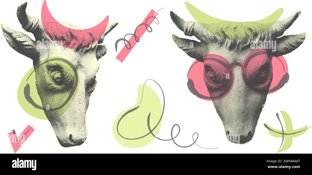 Collage-Elemente mit Statuenkopf von Stier oder Kuh und Kritzelung unregelmäßiger Blob-Formen. Schwarze Polka Dots Halbtonkunst für zeitgenössische Kunst. Trendig ausschneiden Stock Vektor