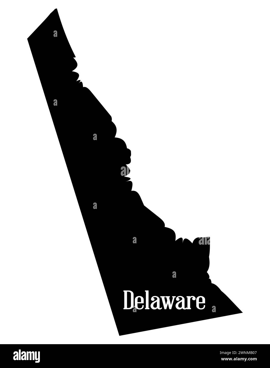 Umrisse die Silhouettenkarte des Bundesstaates Delaware auf weißem Hintergrund Stockfoto