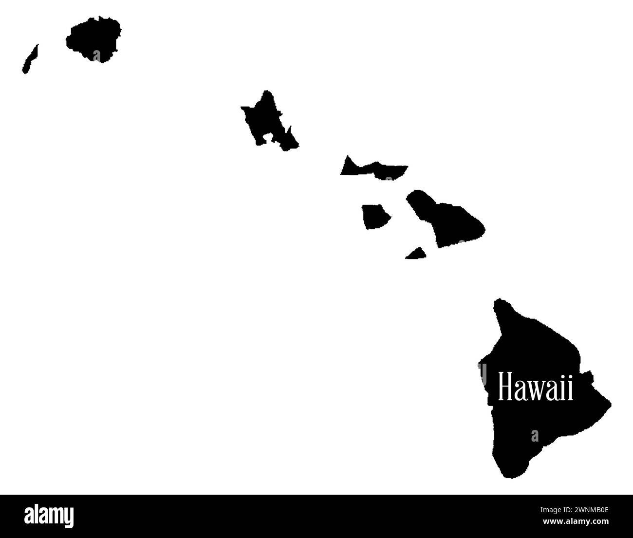 Umrisse die Silhouettenkarte der Hawaii-Inseln auf weißem Hintergrund Stockfoto
