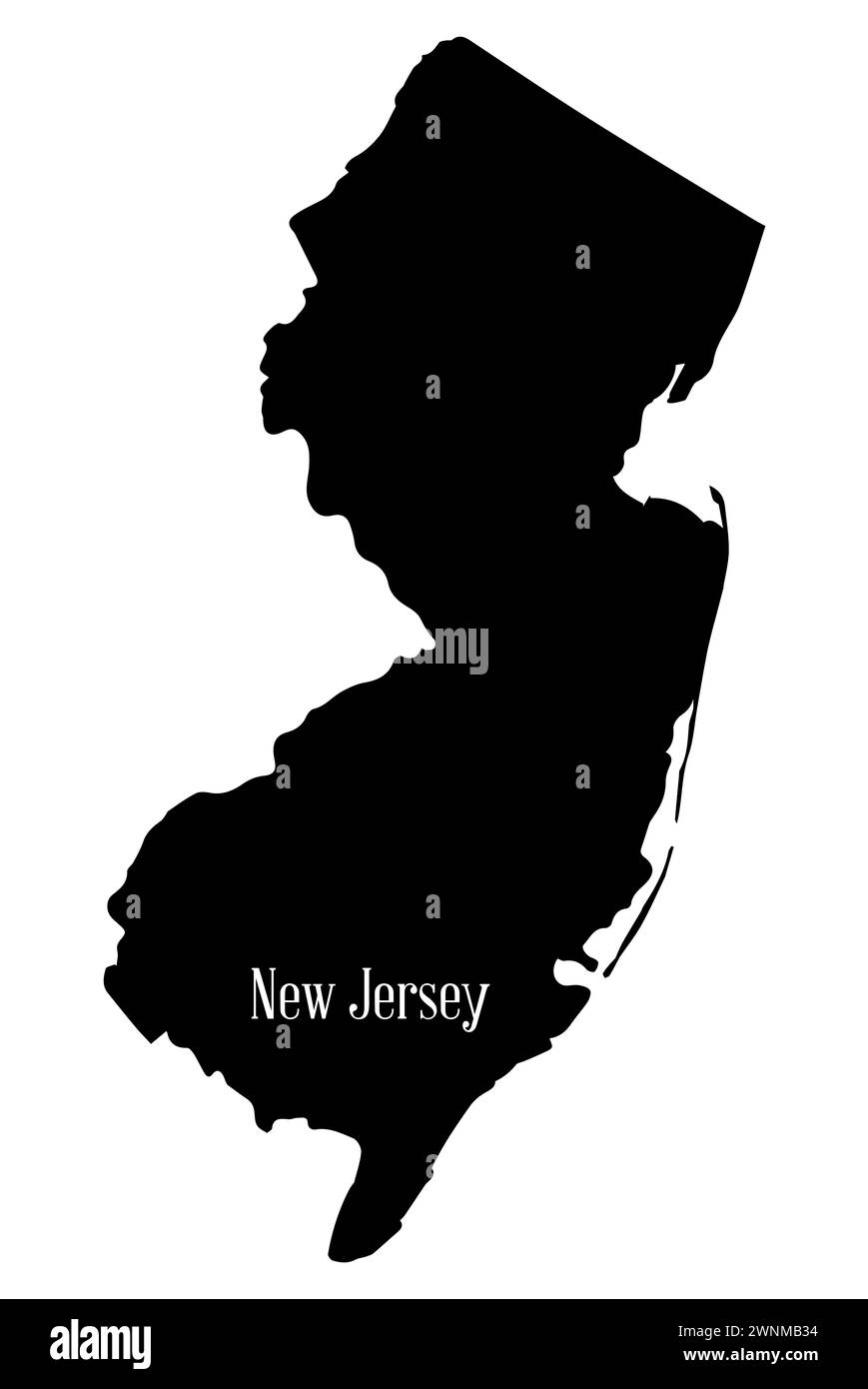 Umrisse die Silhouettenkarte des Bundesstaates New Jersey auf weißem Hintergrund Stockfoto