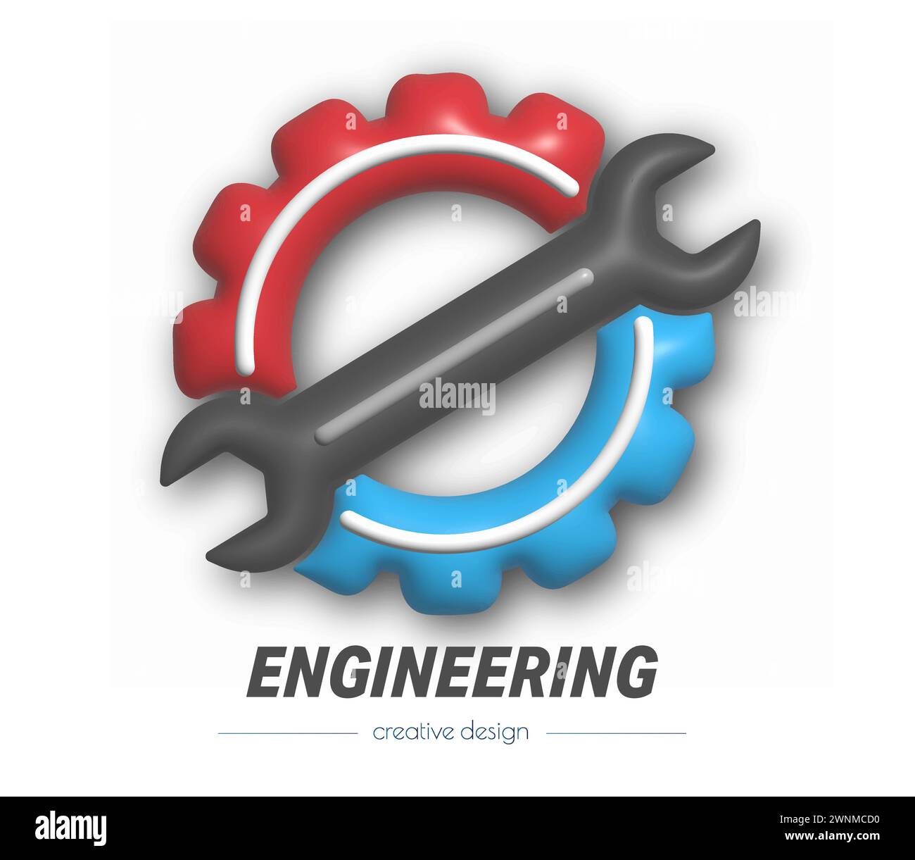 Ein 3D-Getriebe und ein mechanischer Schlüssel, ein Symbol für Reparatur, Industrie oder Produktion. Ein 3D-Vektor für ein Logo, ein Emblem, einen Aufkleber oder eine Marke. Vorlage für Websites, A Stock Vektor