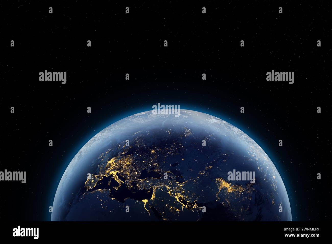Erde-Planet in der Nacht im Weltraum mit Stadtlichtern drauf. Elemente dieses Bildes, bereitgestellt von der NASA. Stockfoto