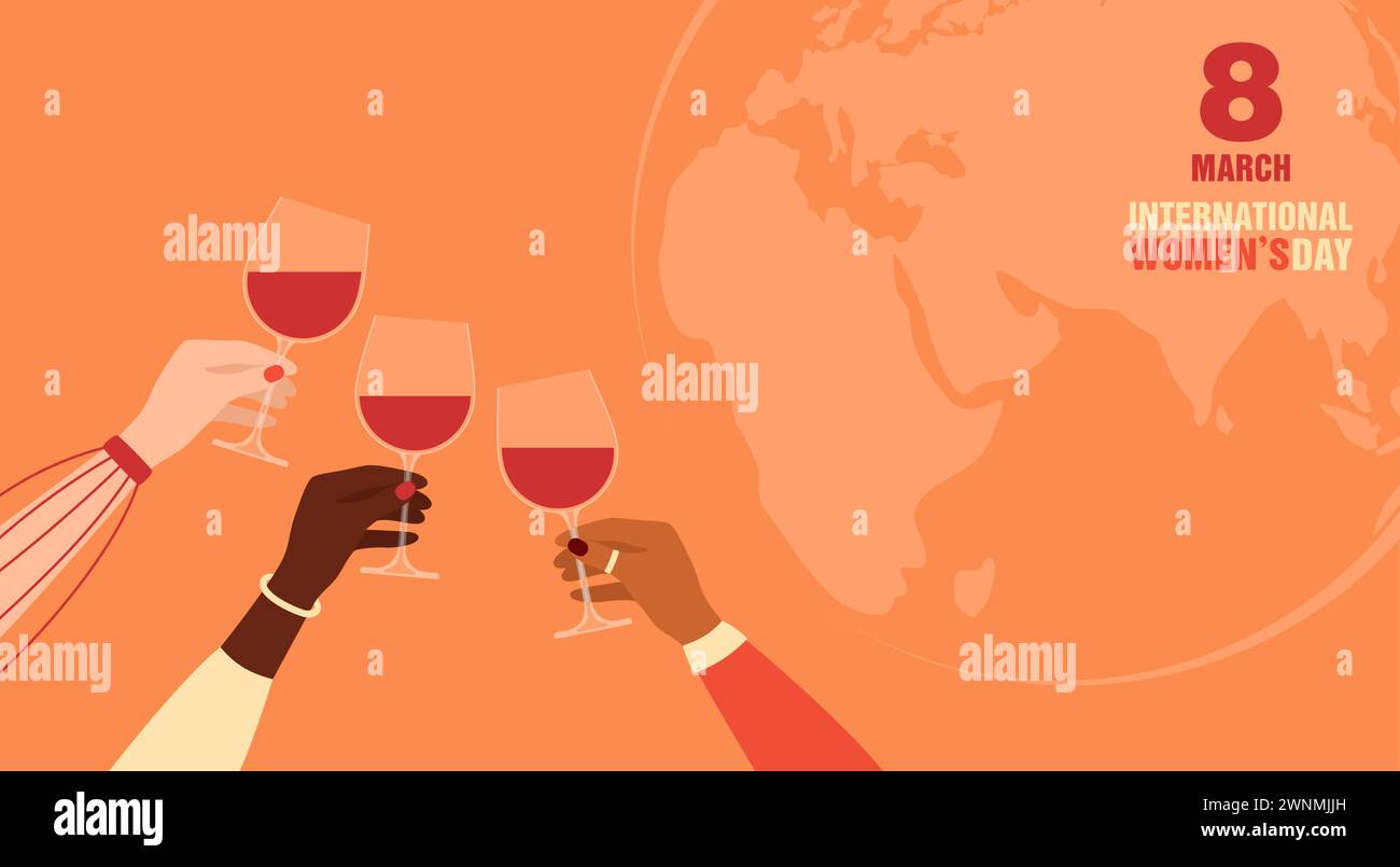 Hände von Frauen verschiedener Nationalitäten und Hauttöne halten Gläser Rotwein mit Erdkugel auf dem Hintergrund. Internationaler Frauentag Greetin Stock Vektor