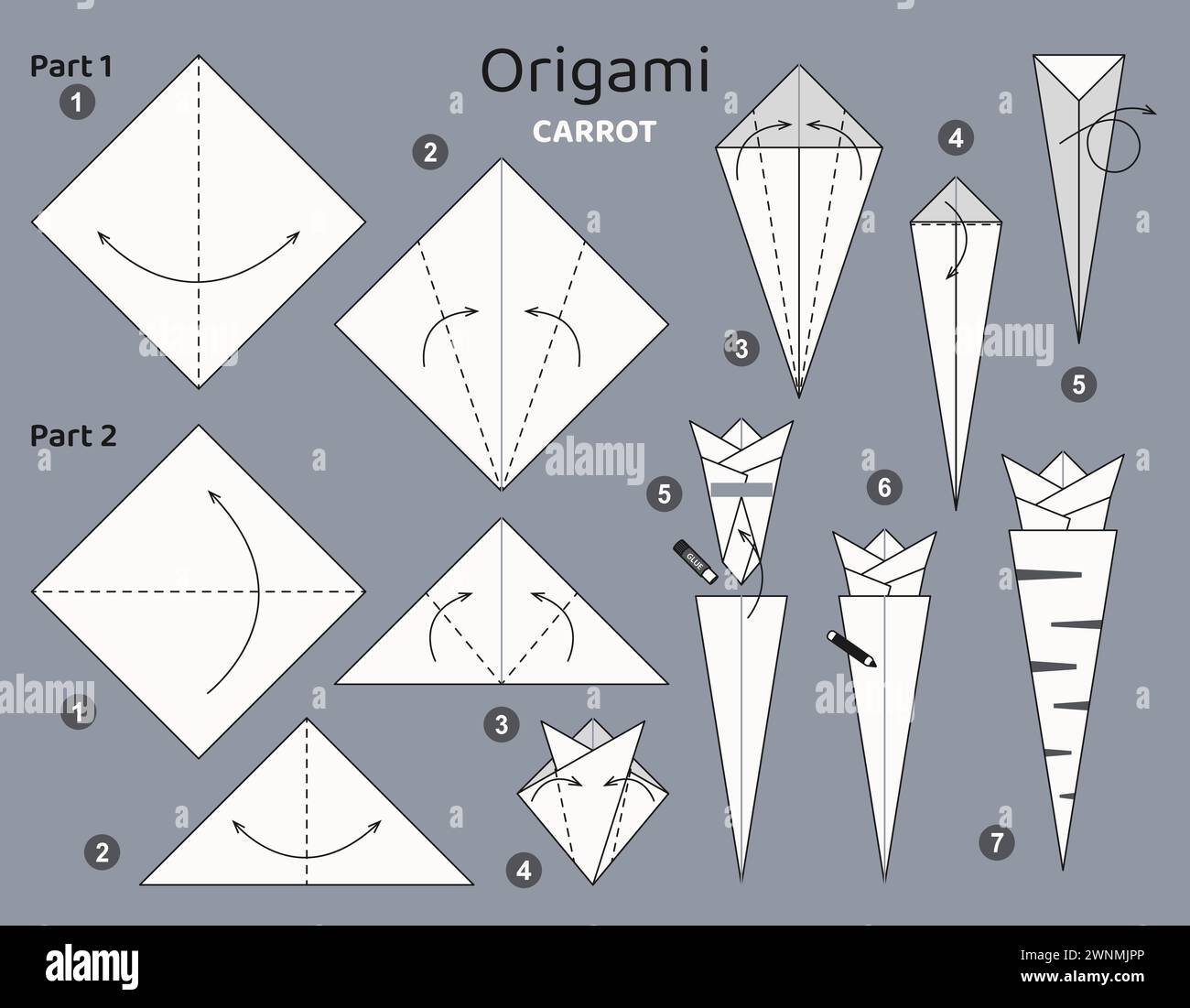 Origami-Tutorial für Kinder. Papierkohle. Stock Vektor