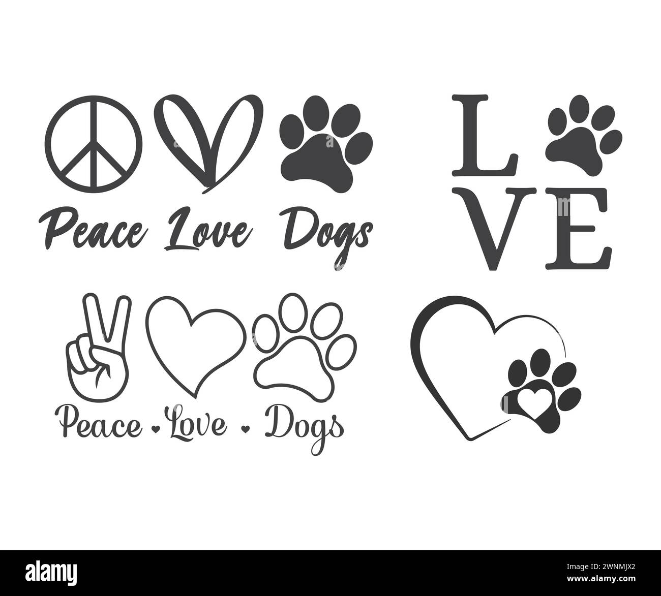 Peace Love Dogs, Pfotendrucke, Pfotendruck Monogramm, Dogs Love, aw Print, Hund Pfoten drucken svg, Hund Pfote Vektor, Pfote, Hund Mama, Welpe, Hundepfoten Vektor Stock Vektor