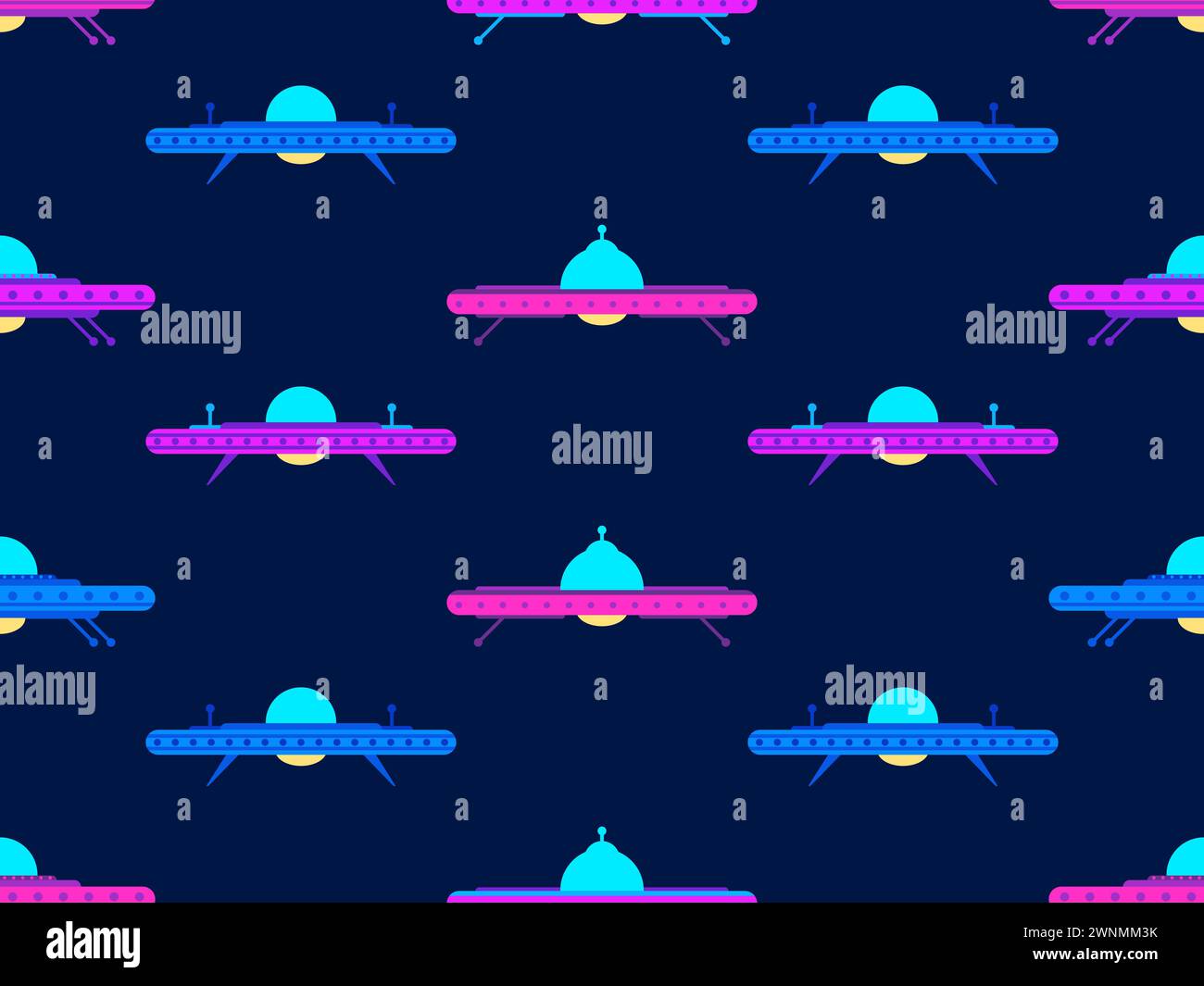 Nahtloses Muster mit mehrfarbigem UFO. Hintergrund mit außerirdischen Raumschiffen und Raumfliegenden Untertassen. Außerirdische Raumschiffe. Design für Print, Banner und Werbung Stock Vektor