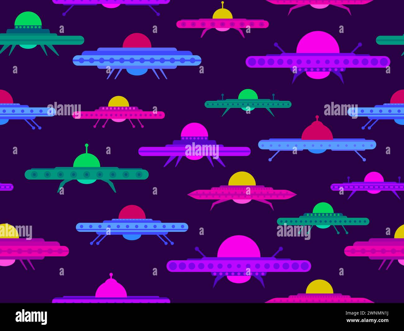 Nahtloses Muster mit mehrfarbigem UFO. Hintergrund mit außerirdischen Raumschiffen und Raumfliegenden Untertassen. Außerirdische Raumschiffe. Design für Print, Banner und Werbung Stock Vektor