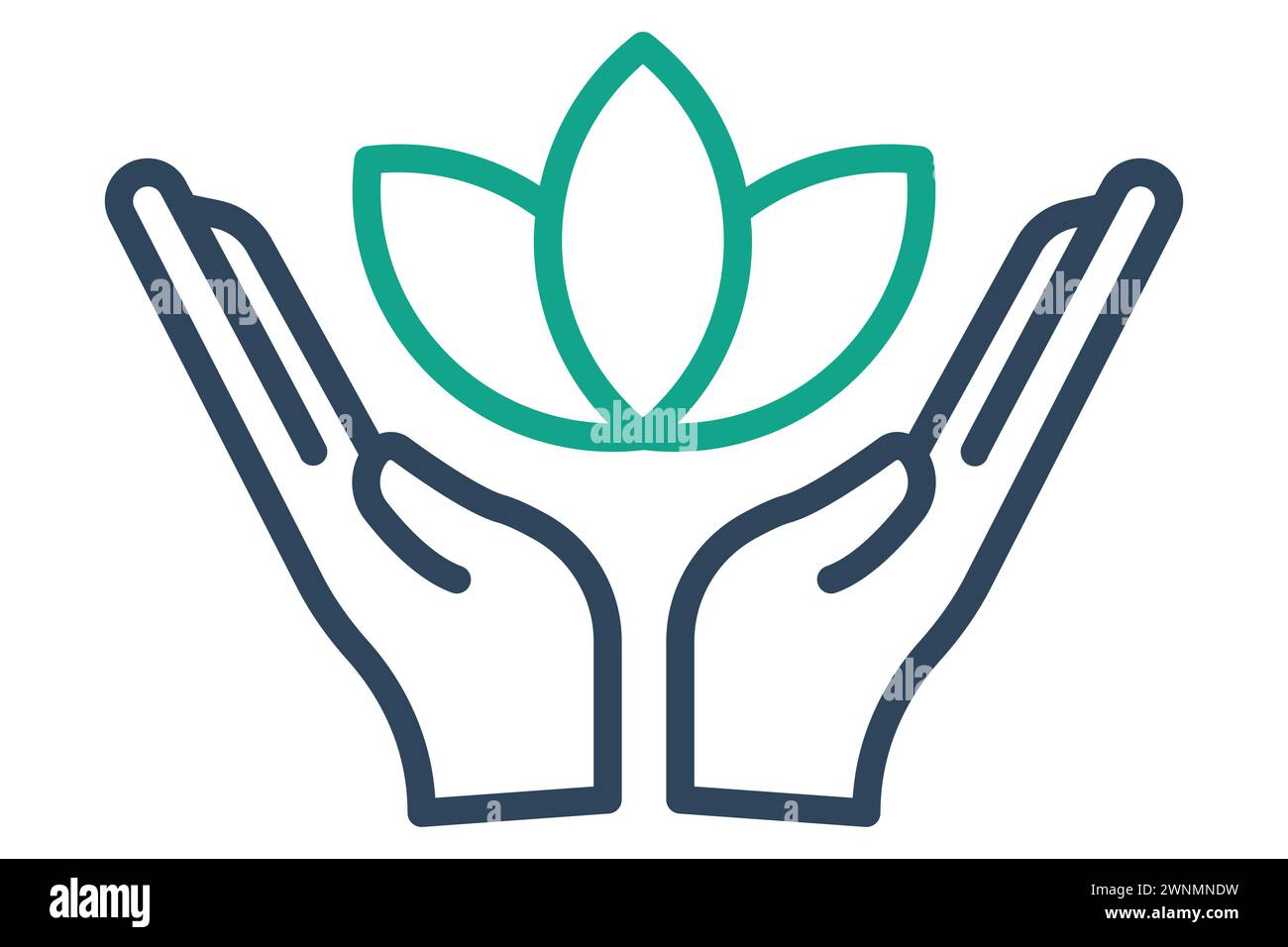 Wellness-Symbol. Hand mit Lotus. Perfekt für die Visualisierung von Wellness-Programmen, Fitness, Achtsamkeit und gesunden Lebensstil. Liniensymbolstil. ELEM Stock Vektor