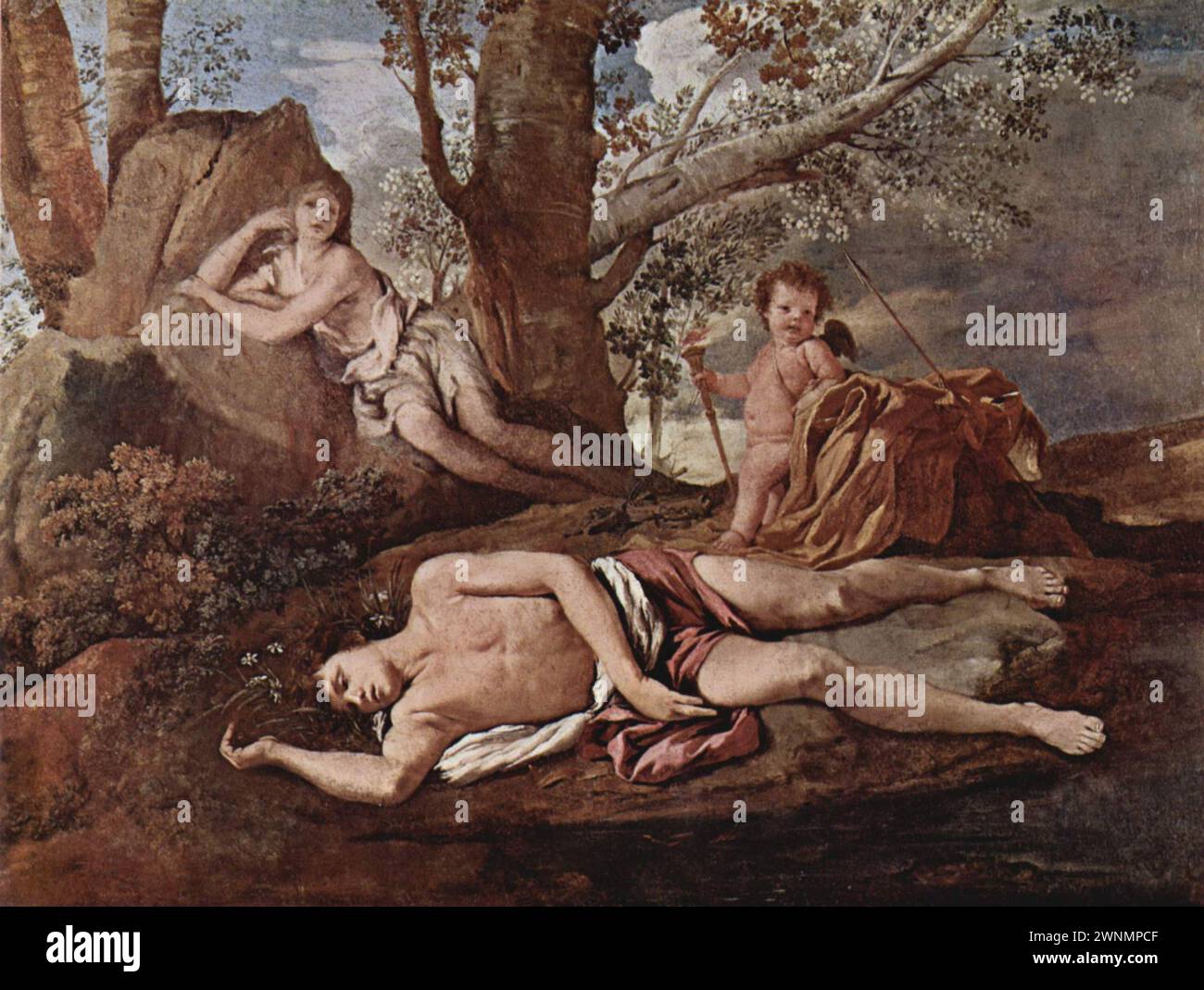 Echo and Narcissus ist ein Ölgemälde von 1627 und 1628 des französischen Künstlers Nicolas Poussin. Griechische Mythologie. Laut Ovids Metamorphosen verliebte sich die Nymphe Echo in Narcissus, aber er lehnte sie ab Stockfoto