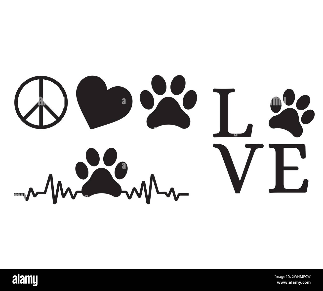 Peace Love Dogs, Pfotendrucke, Pfotendruck Monogramm, Dogs Love, aw Print, Hund Pfoten drucken svg, Hund Pfote Vektor, Pfote, Hund Mama, Welpe, Hundepfoten Vektor Stock Vektor