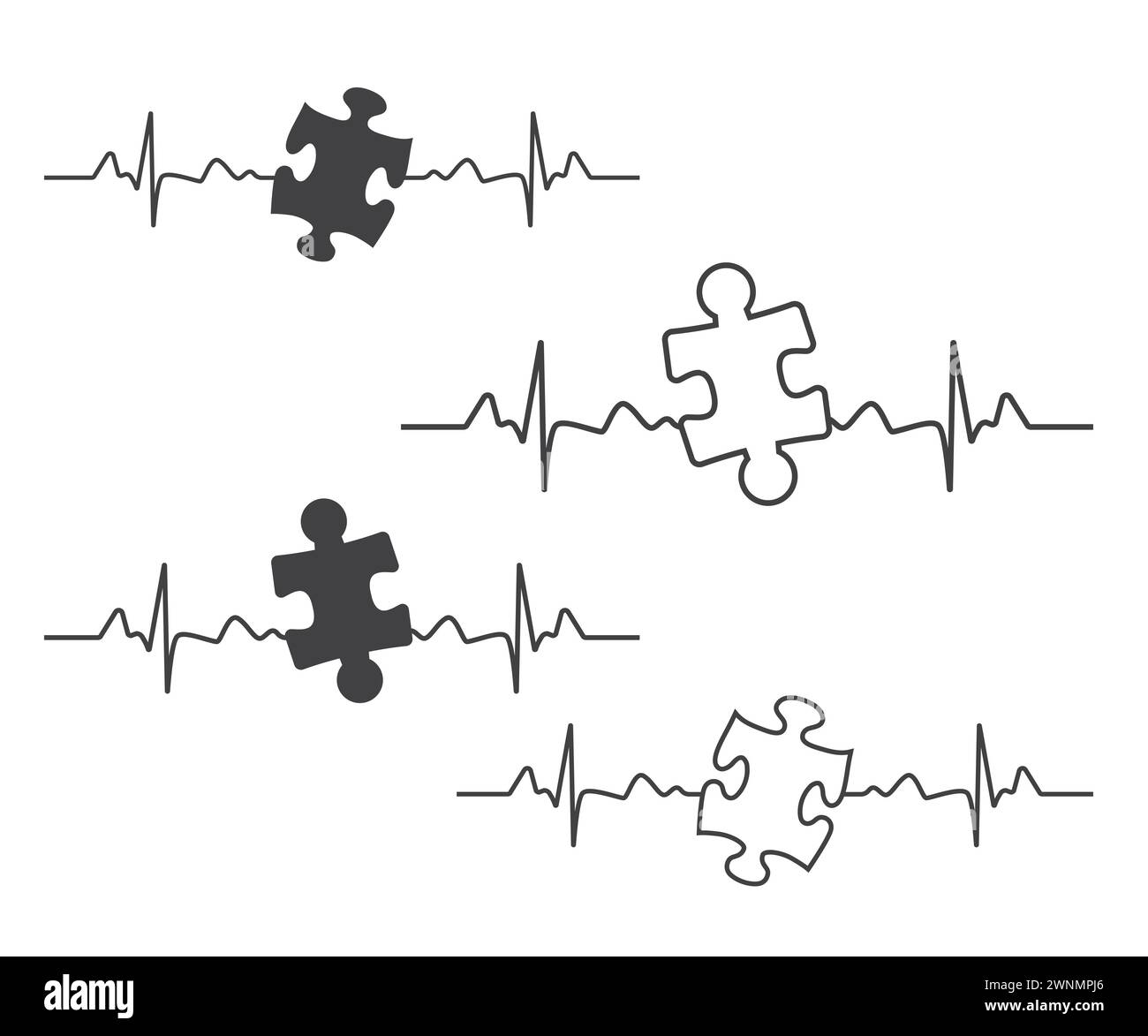 Shape Clipart, Schwarze durchgehende und umrissene Puzzleteile, perfekt ineinander greifend, Symbol für Autismus Awareness, Puzzleteile, digitaler Download, Puzzle Pie Stock Vektor