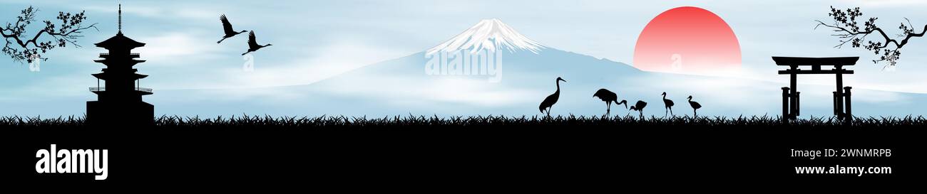 Landschaft mit dem Fuji. Aufgehende Sonne Blauer Himmel. Japanische Pagode, Sakura Zweig, Tor und Vögel. Stock Vektor