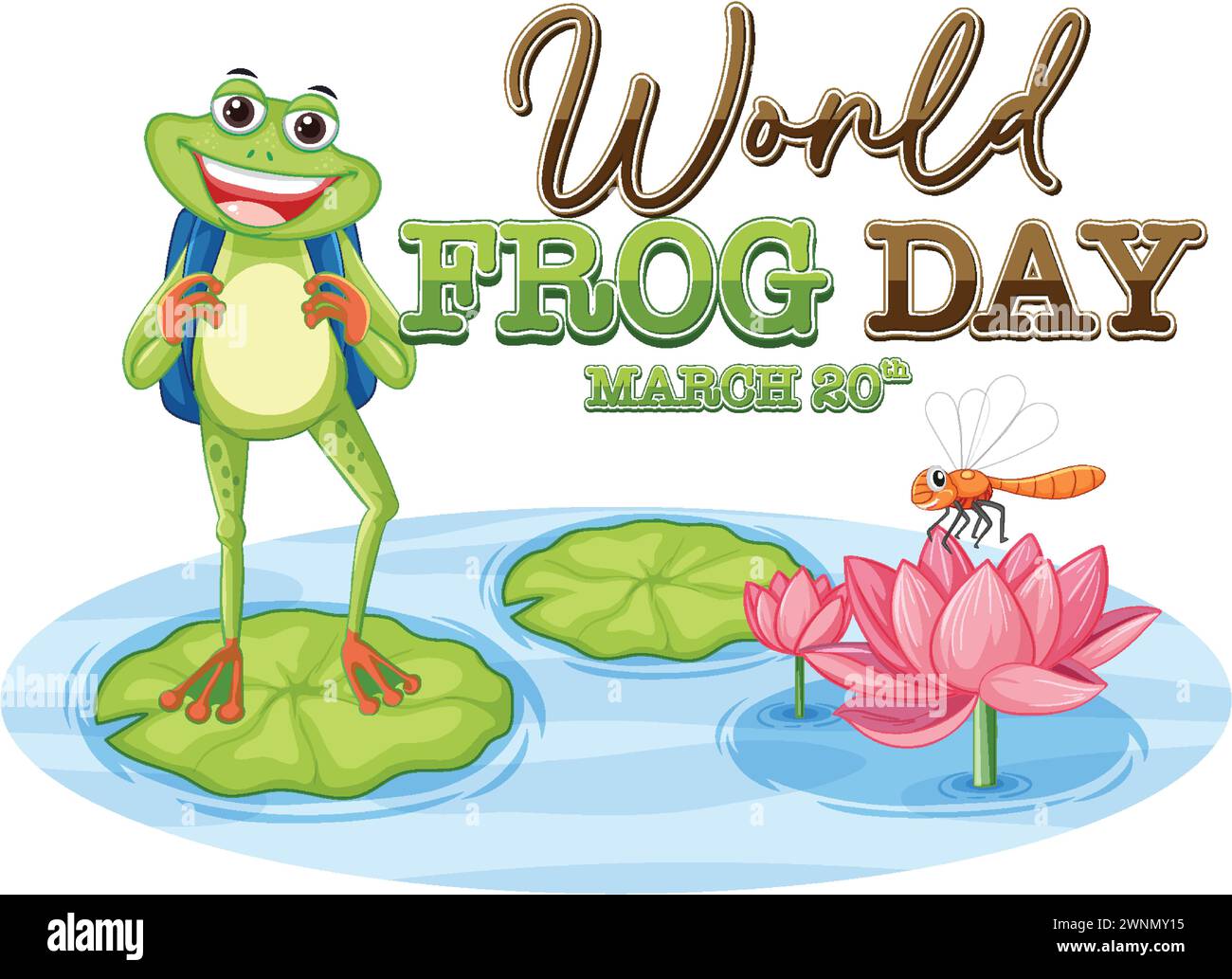 Fröhlicher Frosch, der auf einem Lilienblock steht, mit Text Stock Vektor