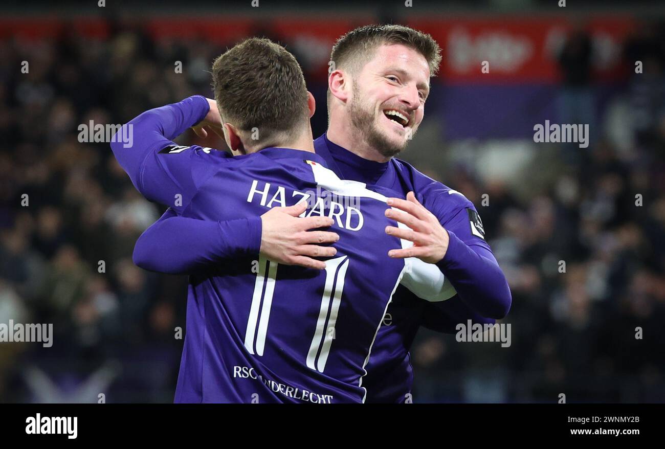 Brüssel, Belgien März 2024. Thorgan Hazard von Anderlecht feiert, nachdem er am Sonntag, den 03. März 2024, in Brüssel, am 28. Tag der ersten Liga der „Jupiler Pro League“ 2023-2024 in der belgischen Meisterschaft einen Treffer bei einem Fußballspiel zwischen RSC Anderlecht und KAS Eupen erzielt hat. BELGA PHOTO VIRGINIE LEFOUR Credit: Belga News Agency/Alamy Live News Stockfoto