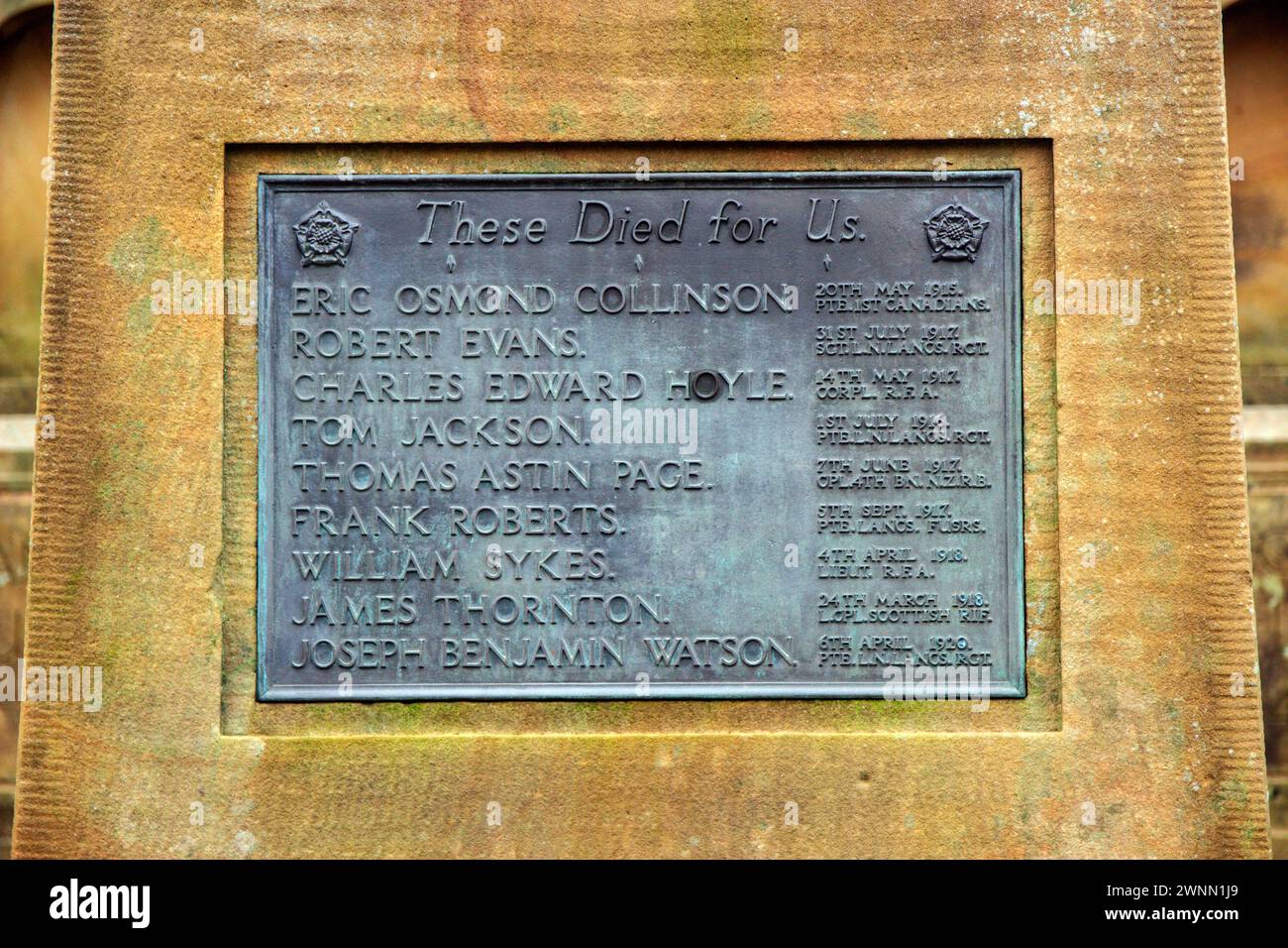 Gedenktafel am Broughton war Memorial, Lancashire Stockfoto
