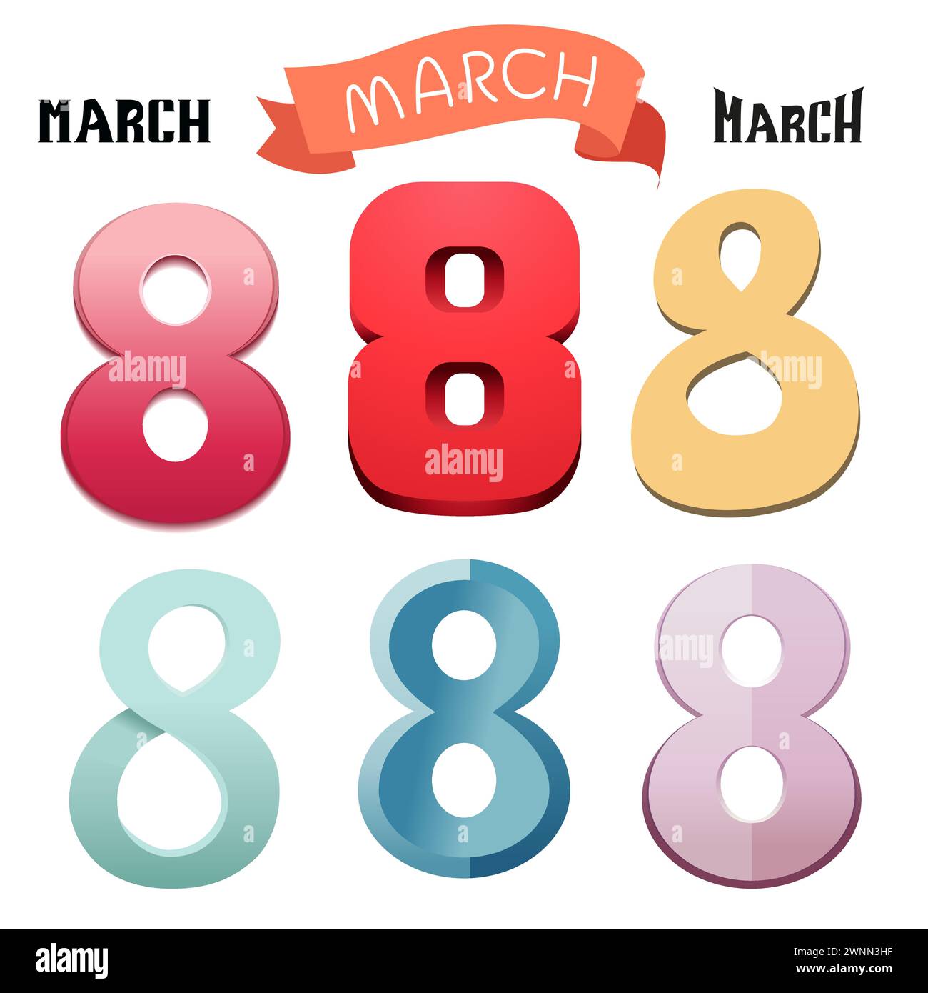 Vektorsatz mit buntem Handschrifttext bis 8. märz. Nummer acht vom Frauentag in flachem Design. Isolierte, auffällige Schriftzeichen für Logo-Design, Flyer, Banner, Stock Vektor