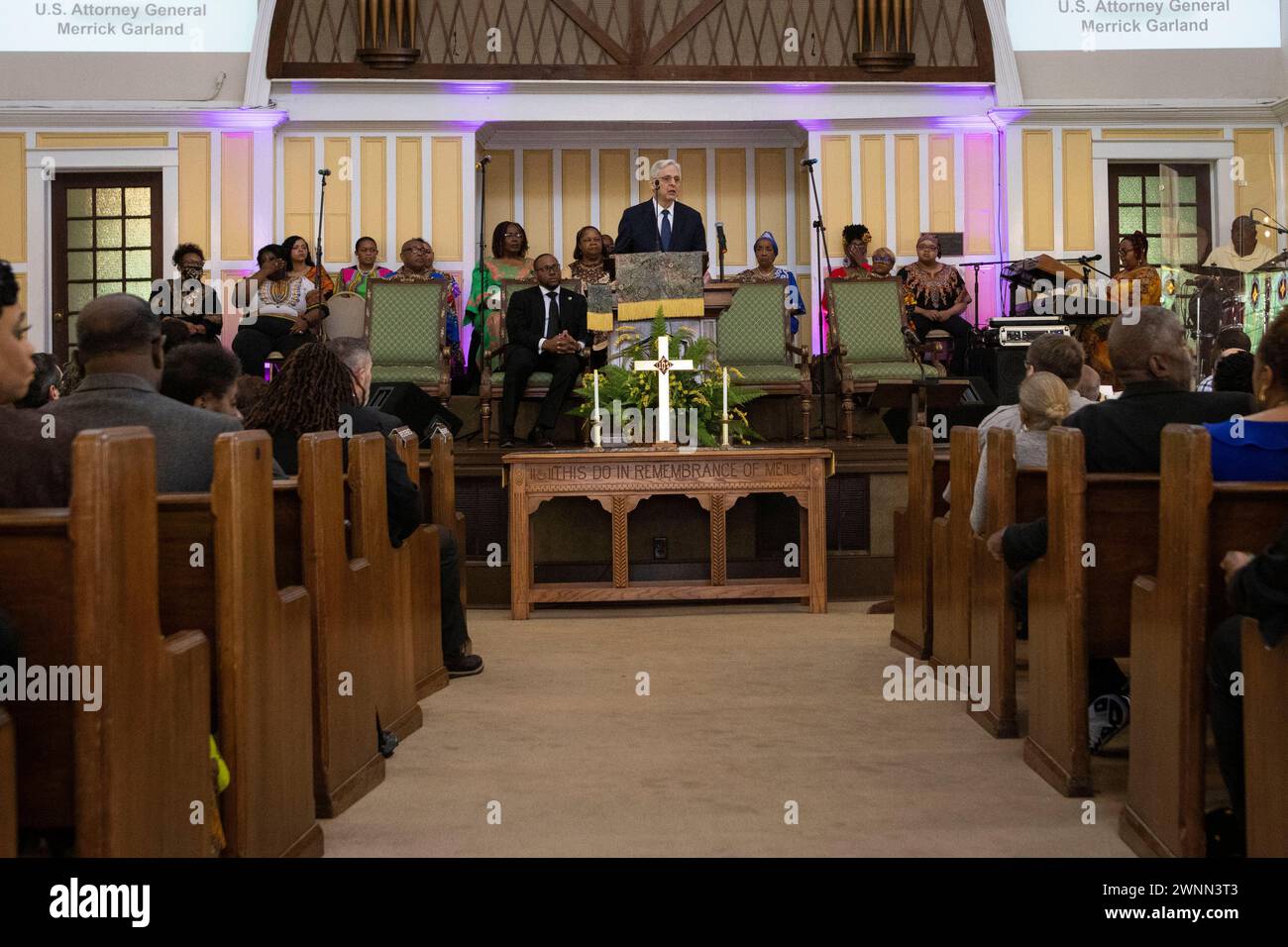 Selma, Usa. März 2024. US-Staatsanwalt Merrick Garland spricht in der Tabernacle Baptist Church zum 59. Jahrestag des Bloody Sunday am Sonntag, den 3. März 2024 in Selma, Alabama. Foto von Christian Monterrosa/UPI Credit: UPI/Alamy Live News Stockfoto