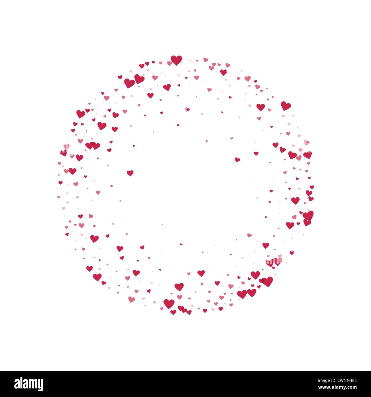 Fallende Herzen valentinskarte Vorlage. Rote Herzen auf weißem Hintergrund verstreut. Chaotisch fallende Herzen Vektor-Illustration. Stock Vektor
