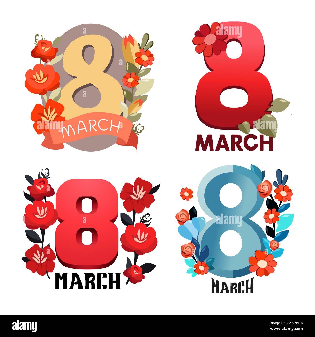 Vektor-Satz von bunten Handschrifttext mit Blumen bis 8. märz. Nummer acht vom Frauentag in flachem Design. Isolierter, auffälliger Schriftzug für Logo-Design, fl Stock Vektor