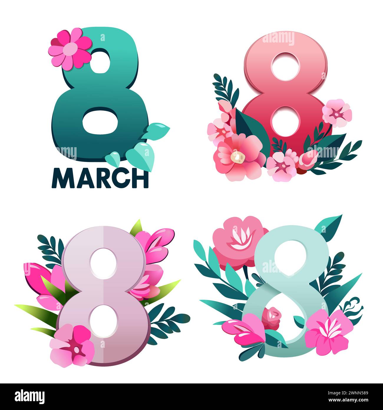 Vektor-Satz von bunten Handschrifttext mit Blumen bis 8. märz. Nummer acht vom Frauentag in flachem Design. Isolierter, auffälliger Schriftzug für Logo-Design, fl Stock Vektor