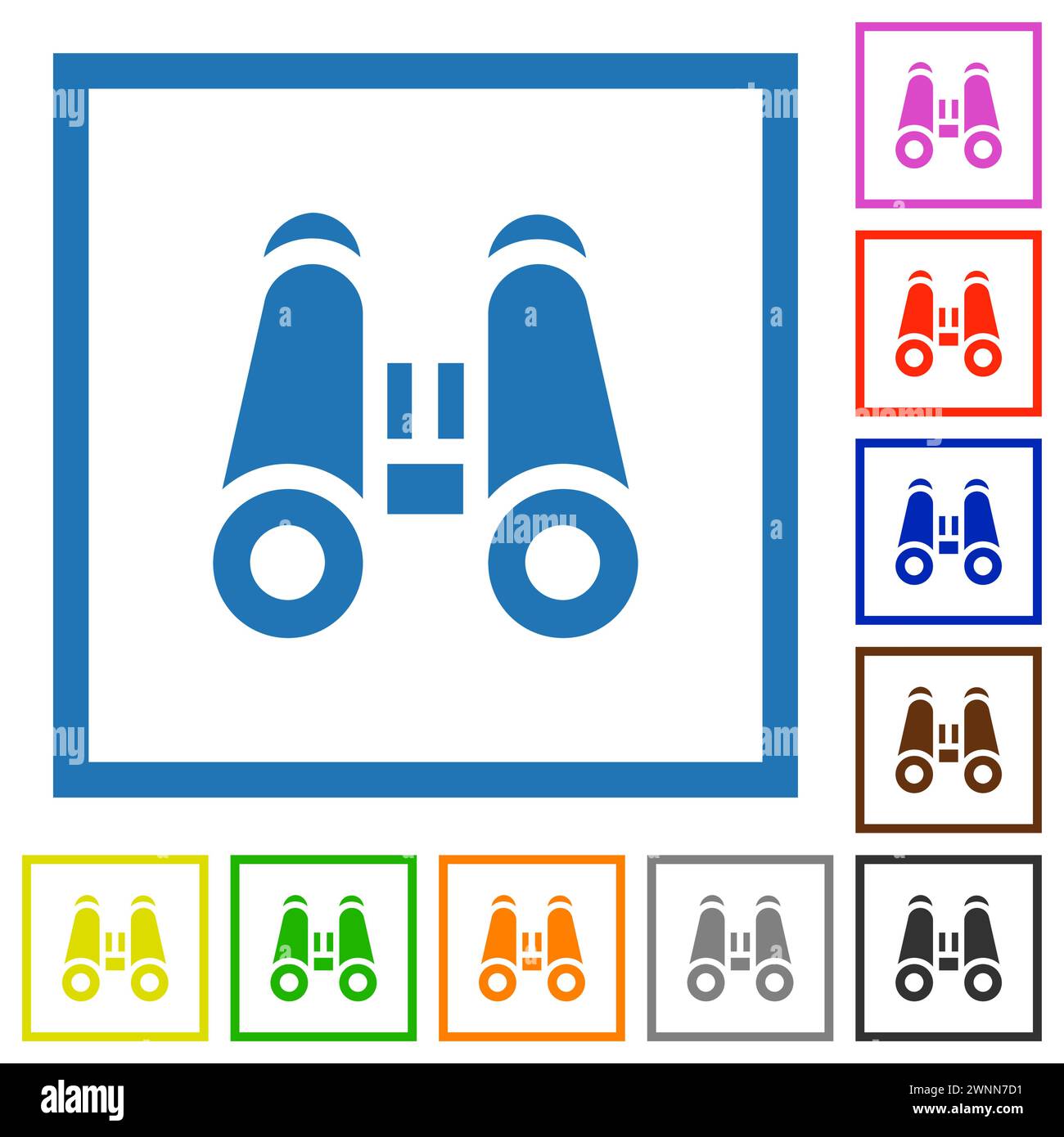 Ferngläser mit einfarbigen, flachen Farbsymbolen in quadratischen Rahmen auf weißem Hintergrund Stock Vektor