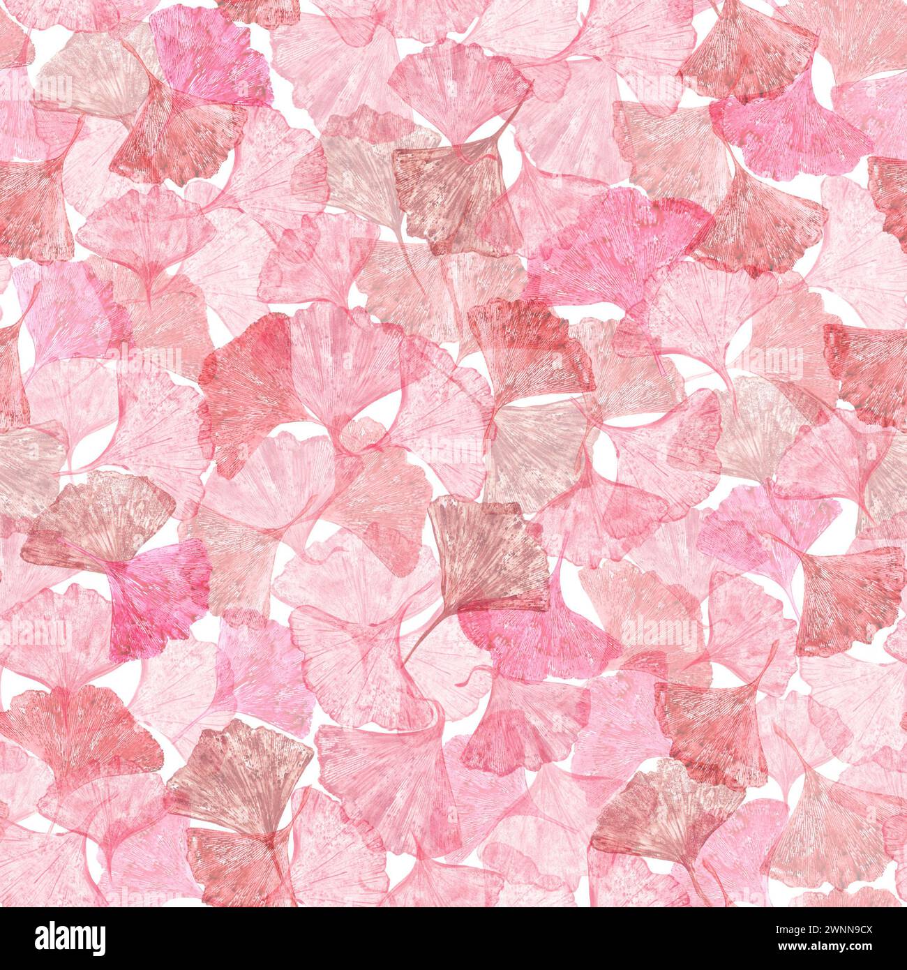 Rosafarbenes Gingko-Blatt. Geometrischer Aufdruck. Nahtloses Muster mit Biloba-Blättern. Verziert isoliert auf weißem Hintergrund. Ginkgo, Palme, trockene abstrakte Fächerblätter. Stockfoto