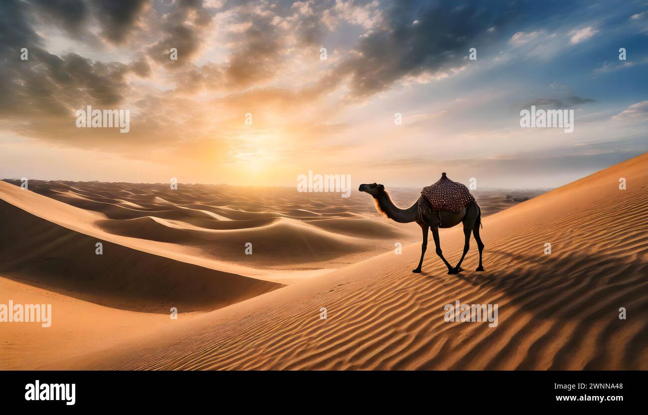 Ein einsames Kamel steht unter der Sonnenuntergangswüste in der Wüste Dammam, Saudi-Arabien. Stockfoto