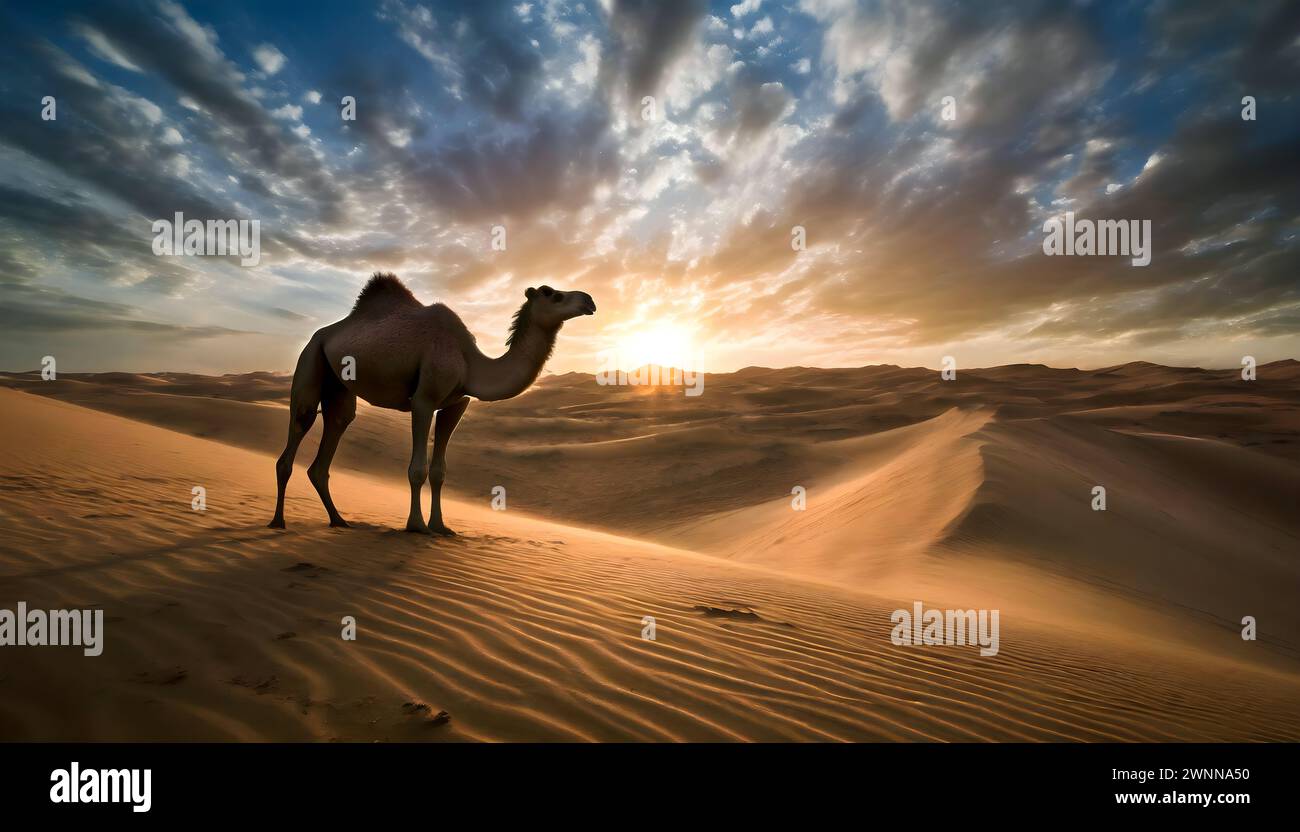 Ein einsames Kamel steht unter der Sonnenuntergangswüste in der Wüste Dammam, Saudi-Arabien. Stockfoto