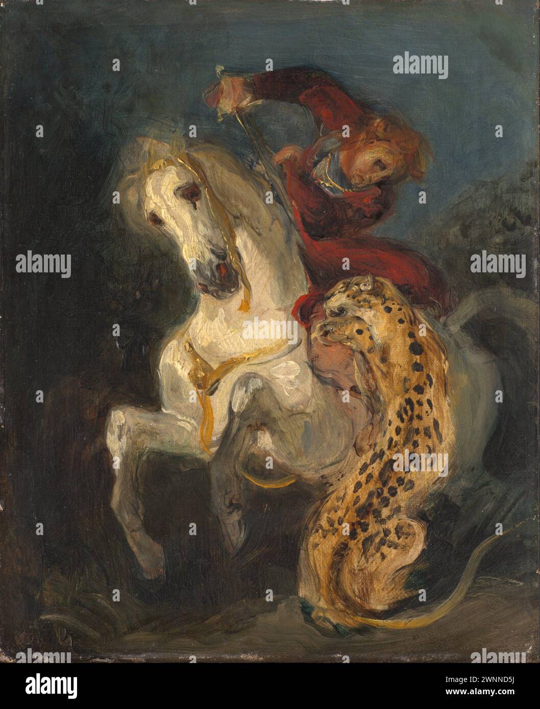 Eugène Delacroix Rider von einem Jaguar angegriffen, 1855. Nationalgalerie in Prag Stockfoto