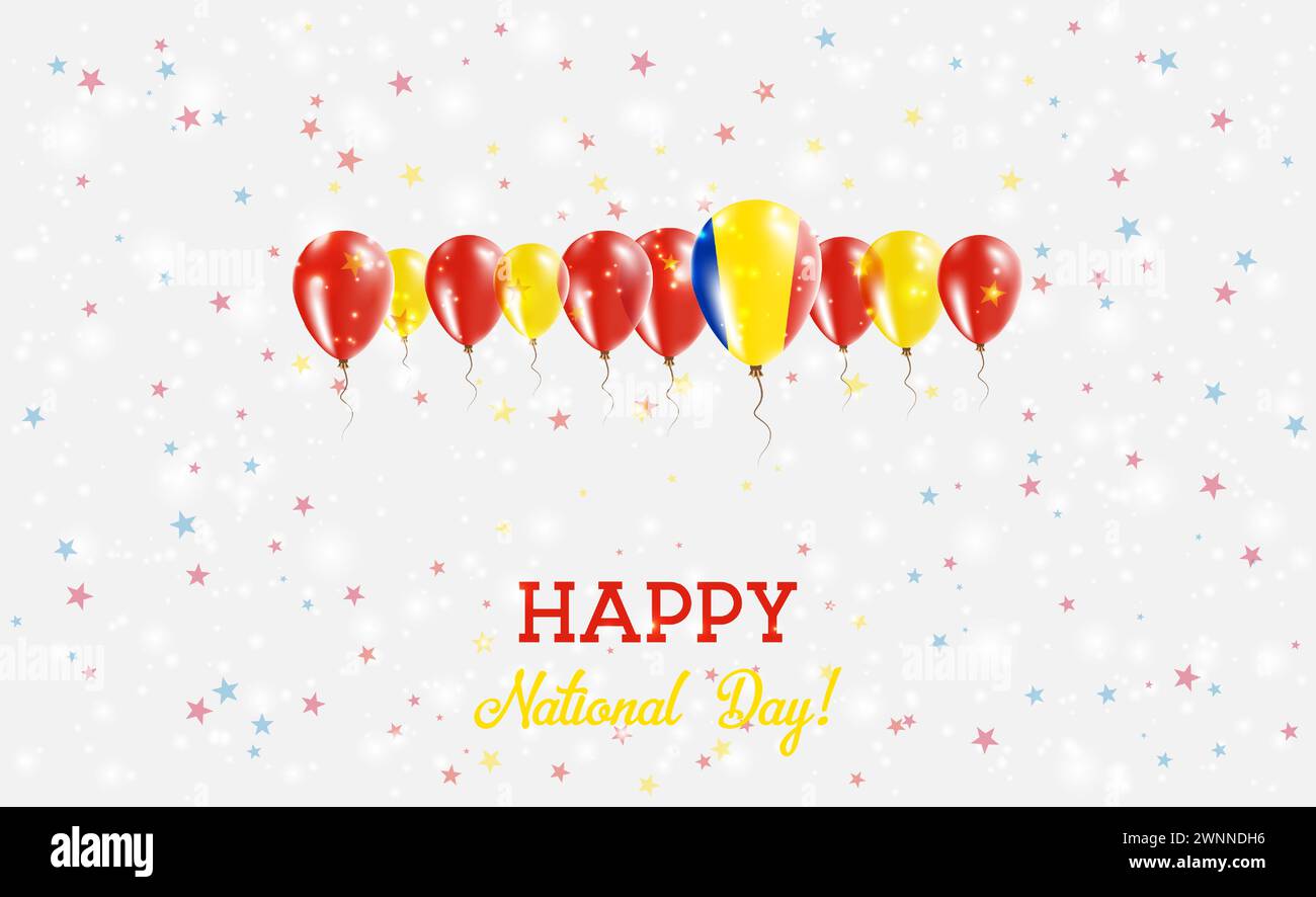 Rumänischer Unabhängigkeitstag Funkelndes Patriotisches Poster. Reihe von Ballons in Farben der rumänischen Flagge. Grußkarte mit Nationalflaggen, Konfetti und S Stock Vektor