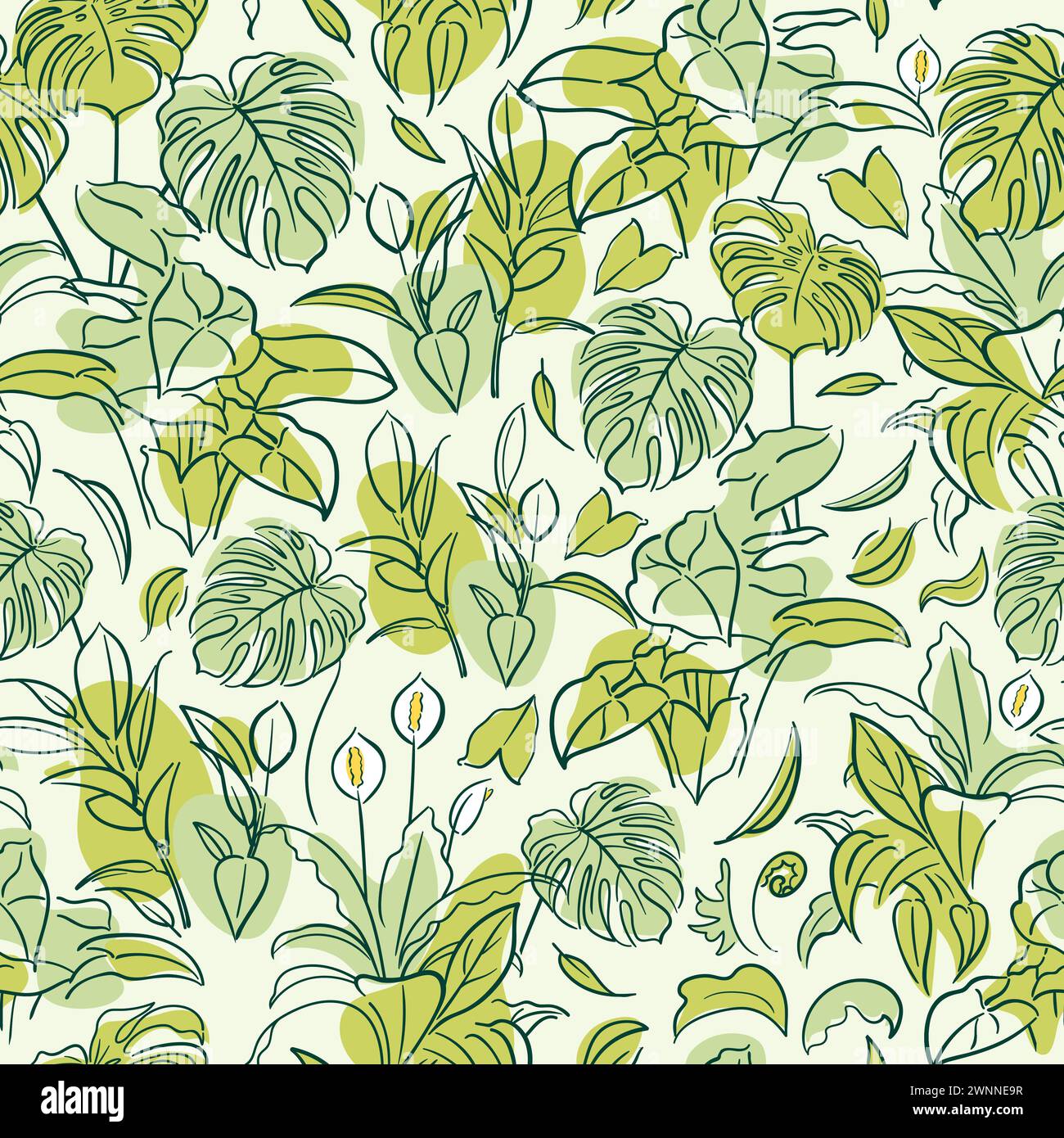 Ficus, Syngonium, Monstera, Spathiphyllum. Nahtloses Muster. Exotische Pflanze. Häusliche Blumenzucht, Hauspflanzen, Hobby. Botanische Illustration tropischer jun Stock Vektor