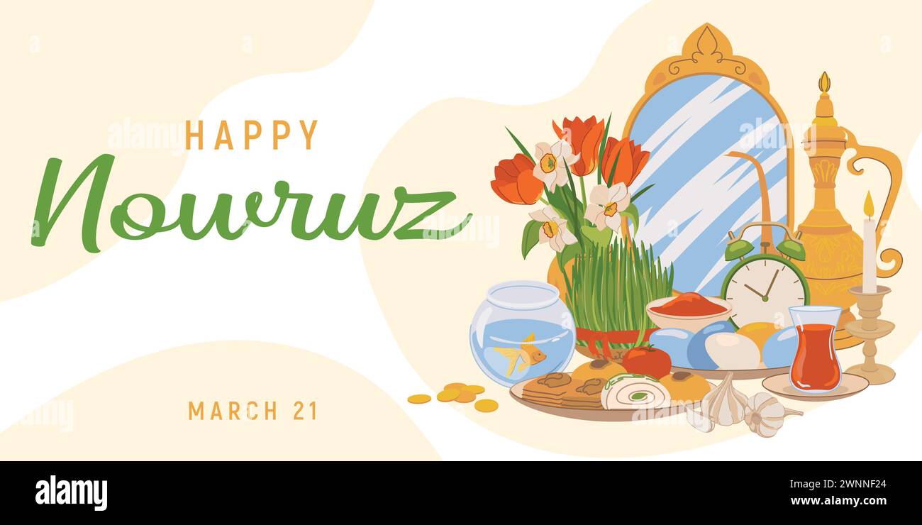 Abbildung eines Samens (Gras) mit einem ovalen Spiegel, Eiern, Süßigkeiten, Äpfeln und einer brennenden Kerze. Grußkarte für die Feier von Happy Nowruz, Persier Stock Vektor