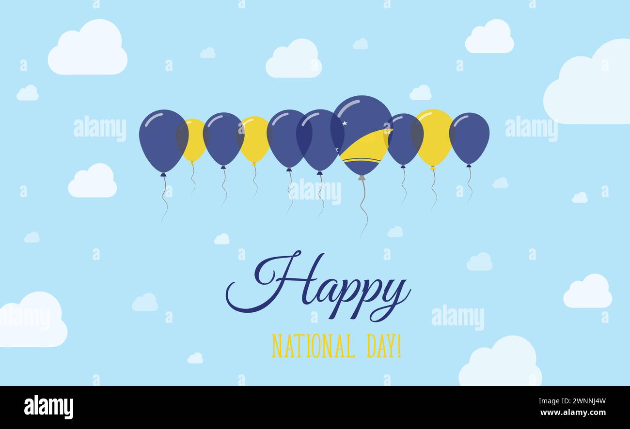 Tokelauer Unabhängigkeitstag – Funkelndes Patriotisches Poster. Reihe von Ballons in den Farben der Tokelauischen Flagge. Grußkarte mit Nationalflaggen, Blue Skyes und Stock Vektor