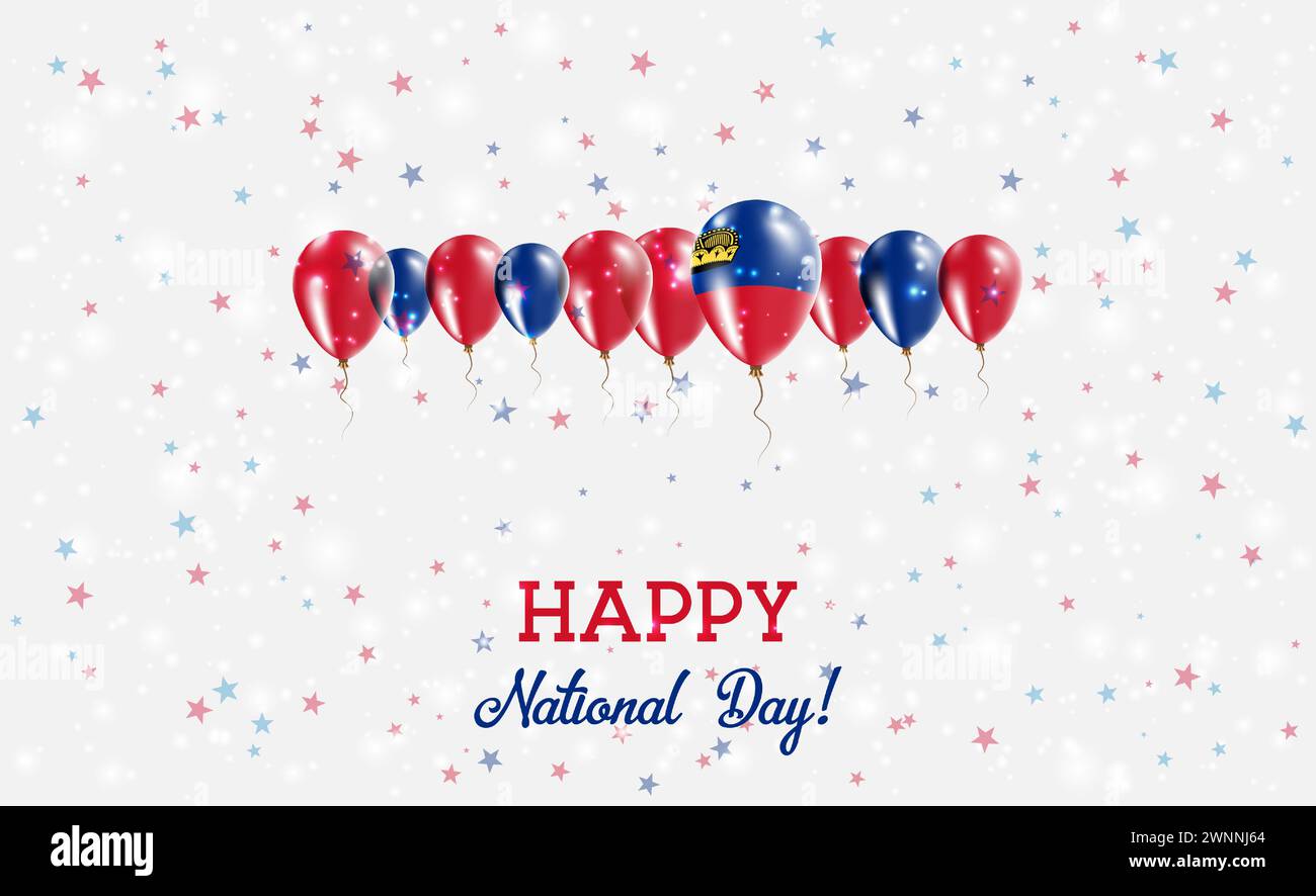 Liechtenstein Unabhängigkeitstag Funkelndes Patriotisches Poster. Ballonreihe in den Farben der Liechtensteiner Flagge. Grußkarte mit Nationalflaggen, C Stock Vektor