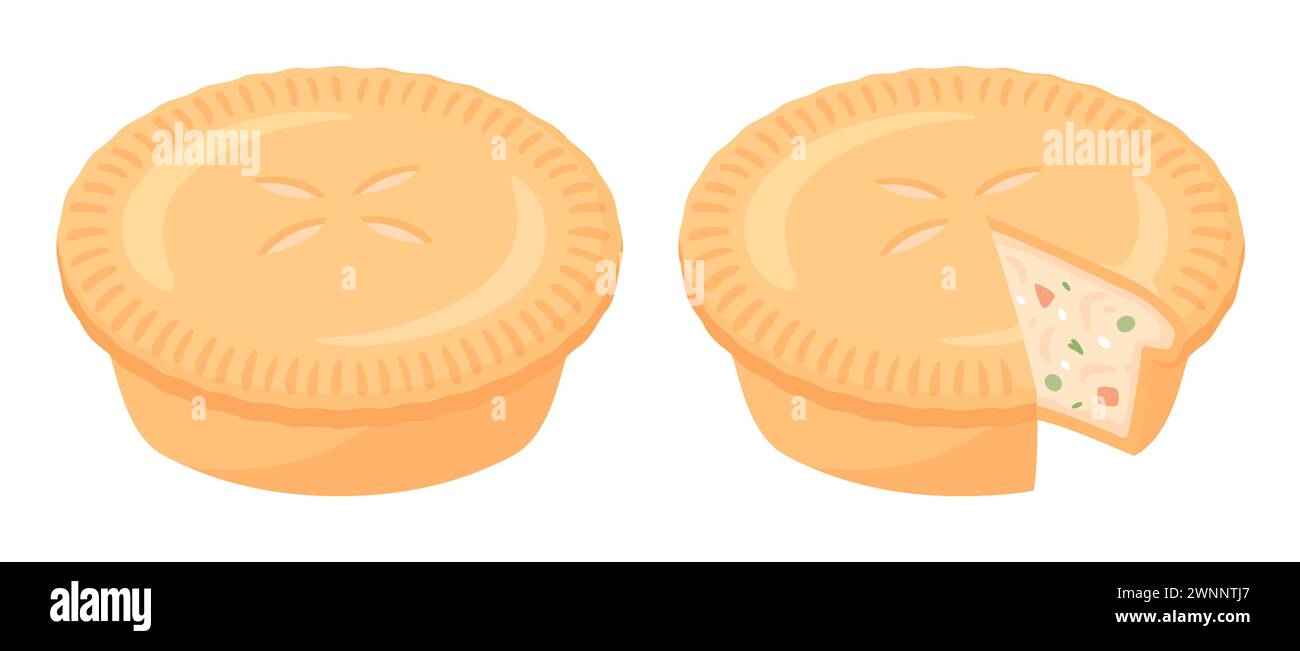 Zeichentrickfilm Chicken Pot Pie Zeichnung. Traditioneller Kuchen mit Hühnchen- und Gemüsefüllung, ganz und geschnitten. Illustration isolierter Vektorgrafik. Stock Vektor