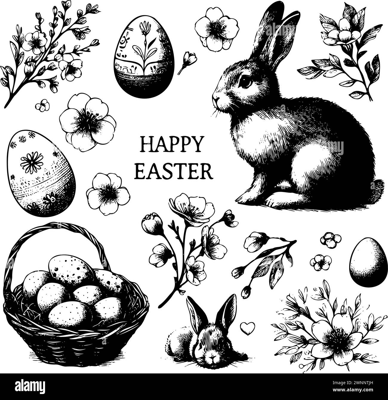Ein Schwarzweiß, der Ostereier, Blumen und ein Kaninchen zeichnet Stock Vektor
