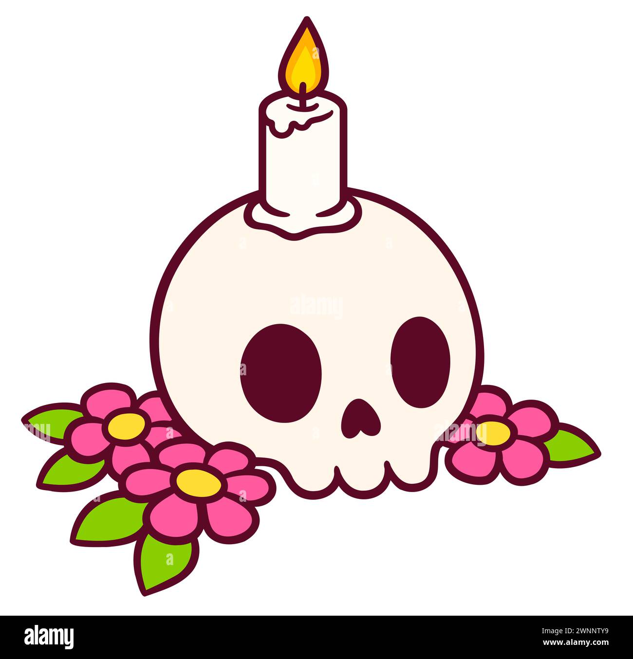 Zeichentrick-Schädelzeichnung mit Kerze und Blumen. Tag der toten Dekoration. Niedlicher Tattooblitz oder Aufkleber, handgezeichnetes Doodle. Vektorabbildung. Stock Vektor