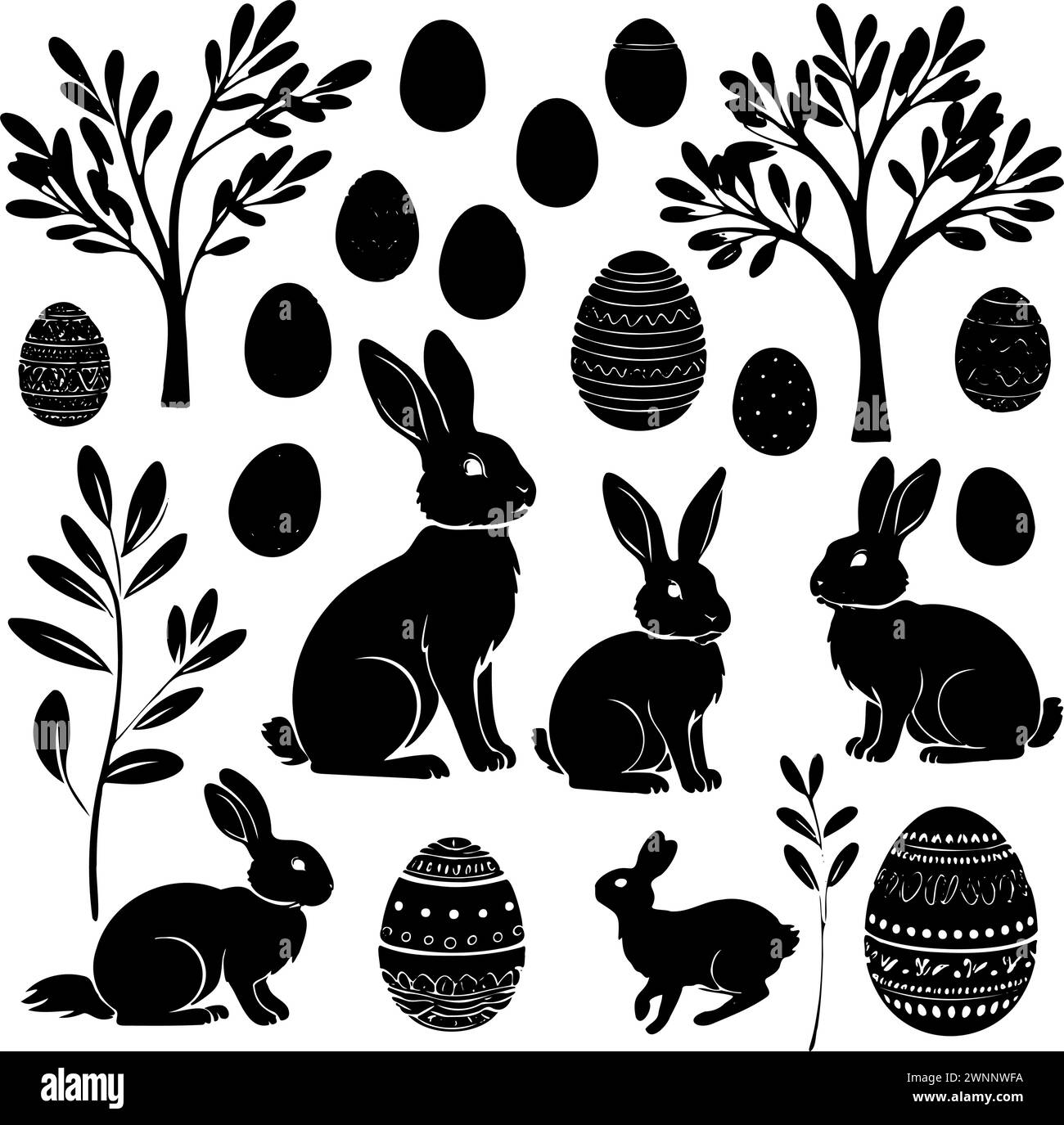 Eine Sammlung von schwarz-weißen Osterhasen- und Eierillustrationen. Kaninchen sitzen und stehen in verschiedenen Positionen, während die Eier um sie herum verstreut sind. Die Szene ist verspielt und festlich Stock Vektor