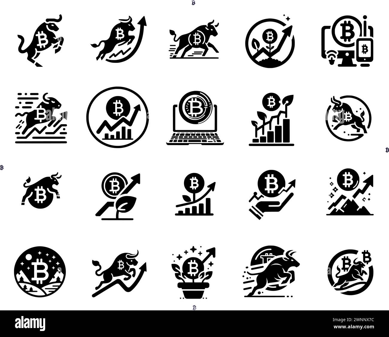 Bitcoin- und Kryptowährung-Symbolsatz, Bull Run Wachstumsdiagramme und Symbole Stock Vektor