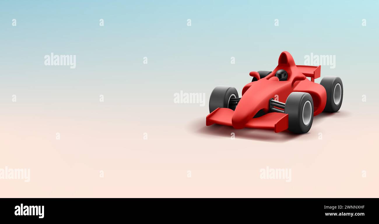3D-Rendering-Illustration eines roten matten Rennsportwagens mit Piloten in schwarzem Helm, realistischer Zeichentrickstil, isoliert Stock Vektor