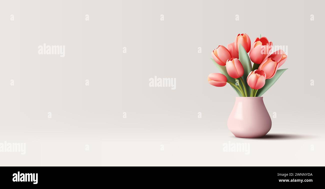 Realistische Illustration von Blumen Tulpenstrauß in einer Vase, rosa Blüten im hellen Topf, 3D-Renderkomposition Stock Vektor