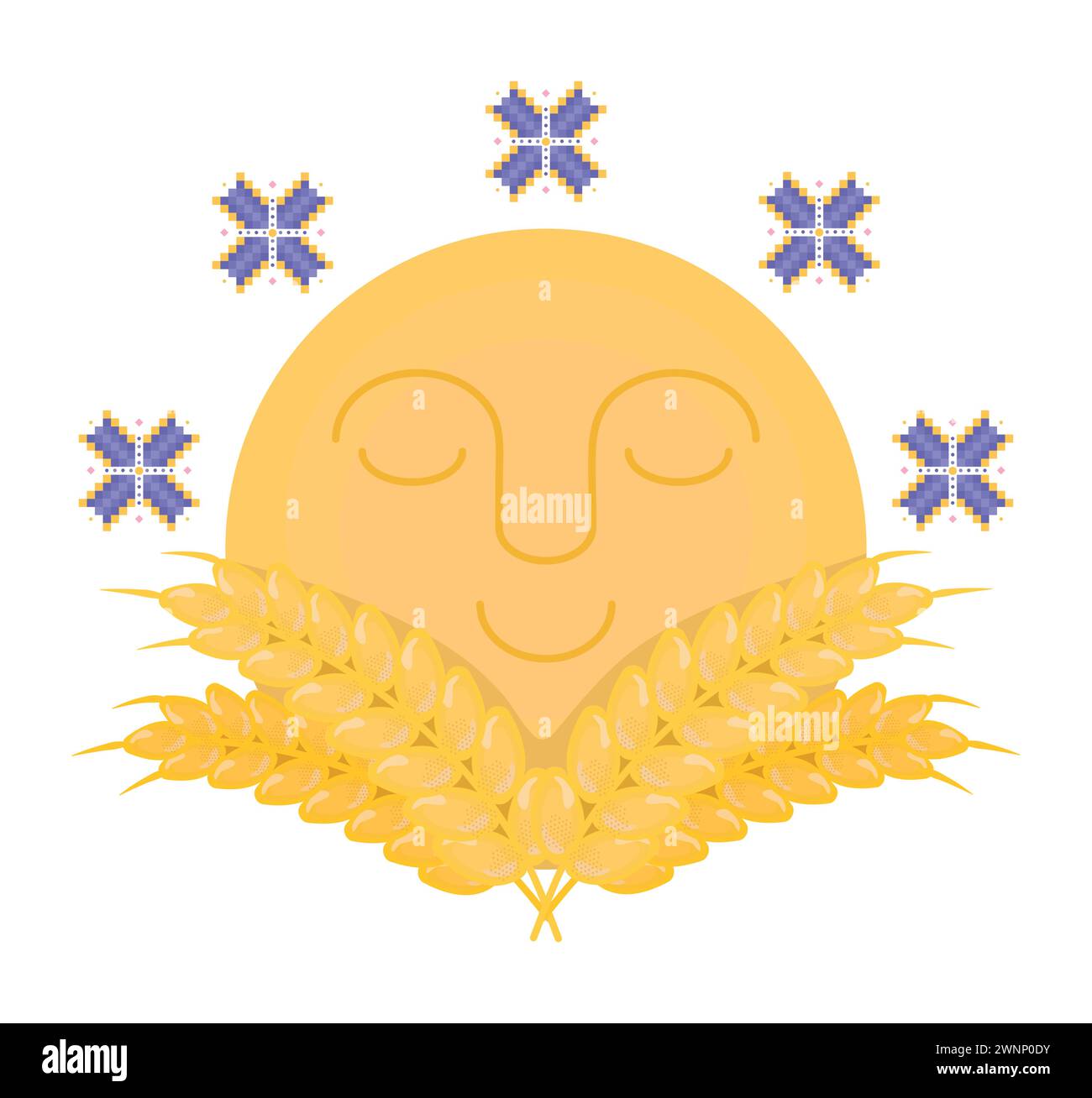 Ohren von Weizen, Stickblumen und süße Sonne, Vektor ukrainischer Druck in gelben und blauen Farben Stock Vektor
