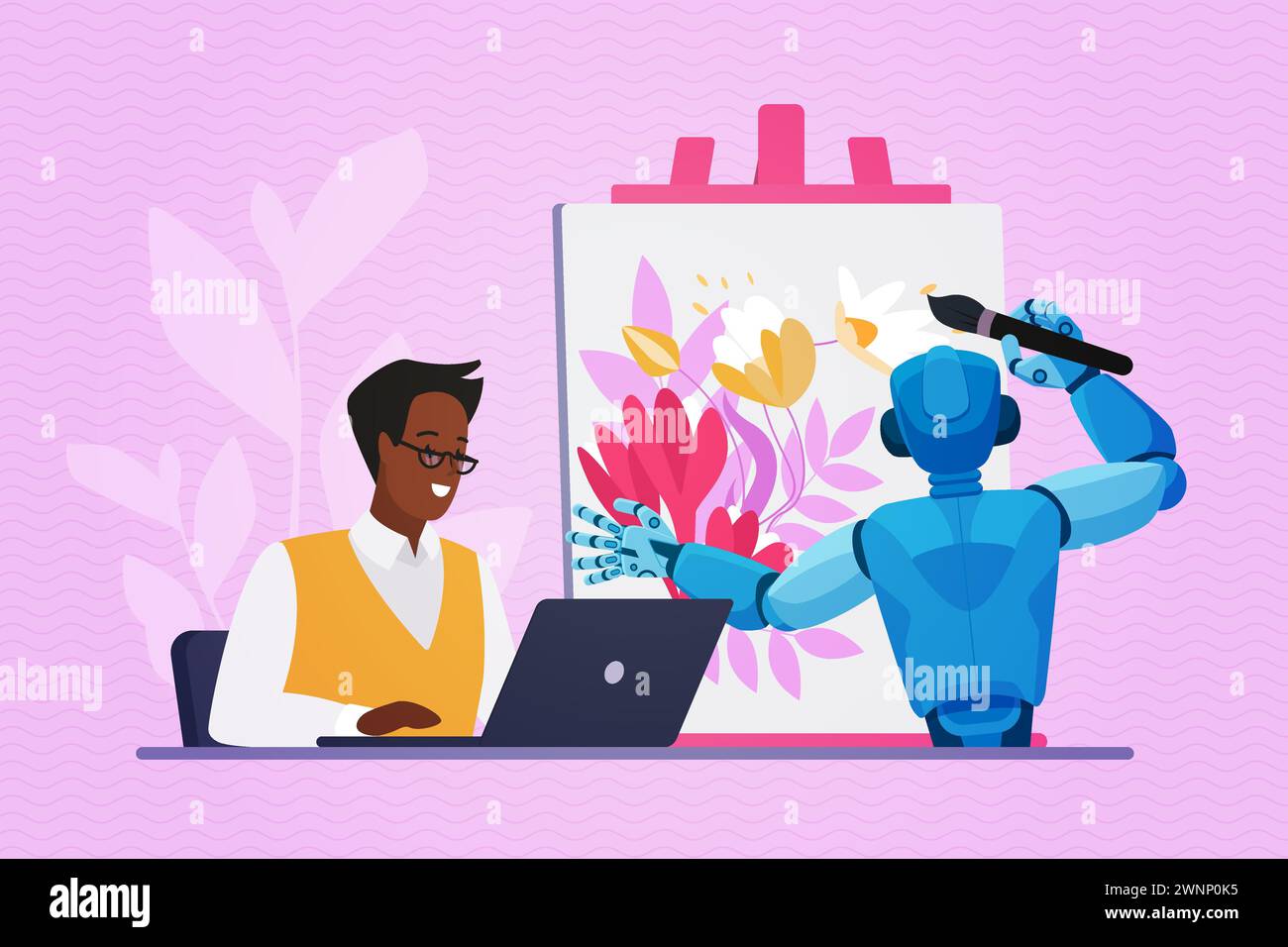 Erstellung visueller Inhalte mit KI, Automatisierung digitaler Kunst. Autor sitzt am Laptop mit künstlicher Intelligenz, Roboter Malerei Bild mit Pinsel und malt Zeichentrickvektor Illustration Stock Vektor