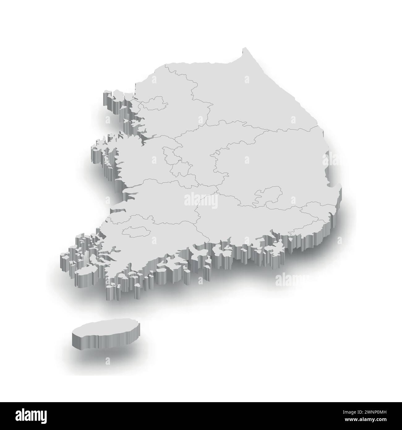 3D-weiße Karte Südkoreas mit Regionen auf weißem Hintergrund Stock Vektor