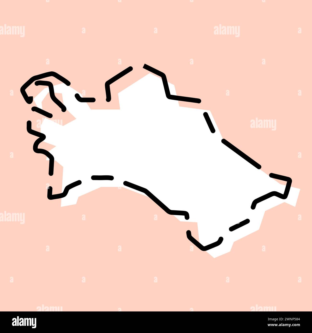 Vereinfachte Karte für Turkmenistan. Weiße Silhouette mit schwarzer gebrochener Kontur auf rosa Hintergrund. Einfaches Vektorsymbol Stock Vektor