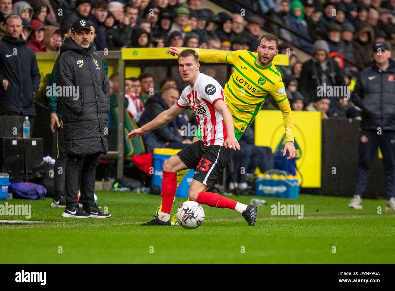 Jack Stacey aus Norwich City wird am Samstag, den 2. März 2024, von Leo Hjelde aus Sunderland während des Sky Bet Championship Matches zwischen Norwich City und Sunderland in der Carrow Road, Norwich, unter Druck gesetzt. (Foto: David Watts | MI News) Credit: MI News & Sport /Alamy Live News Stockfoto